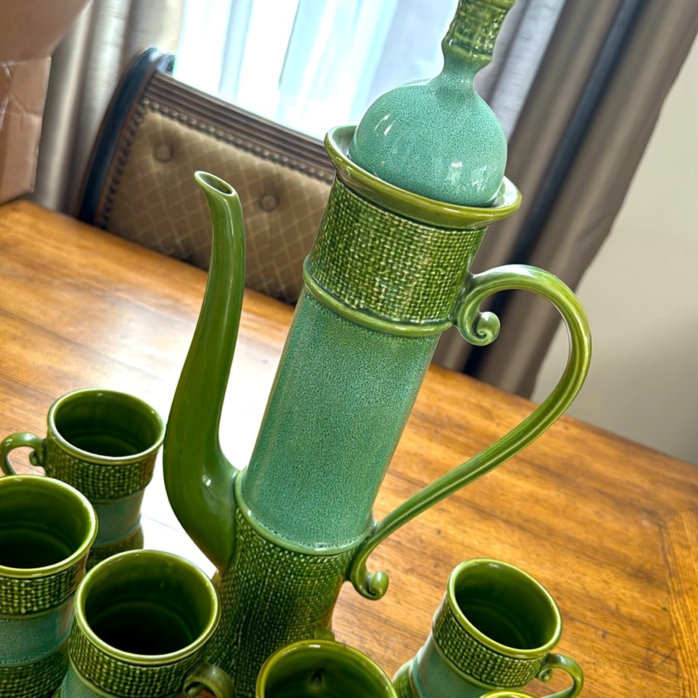 Vintage MCM Green Ceramic Coffee Set | Carafe 16 1/2 tall by 8 1/2 wide - Picture 3 of 17